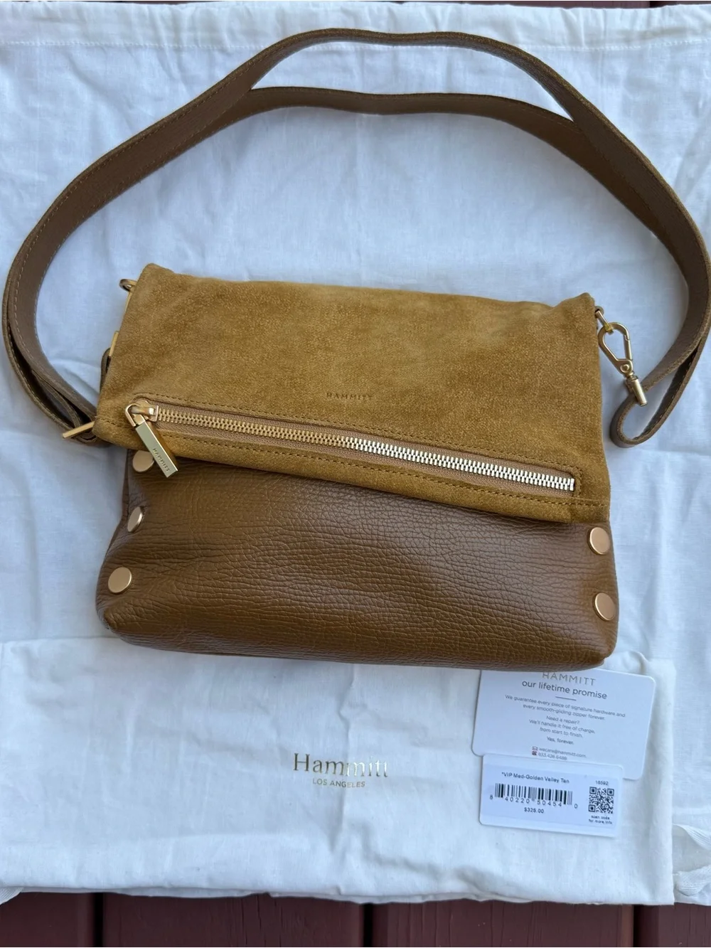 Hammitt VIP Medium Golden Valley Tan Suede Crossbody Bag Brushed Gold NWT